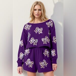 Lavender Sequin Bow Cropped Top and Shorts Set🆕